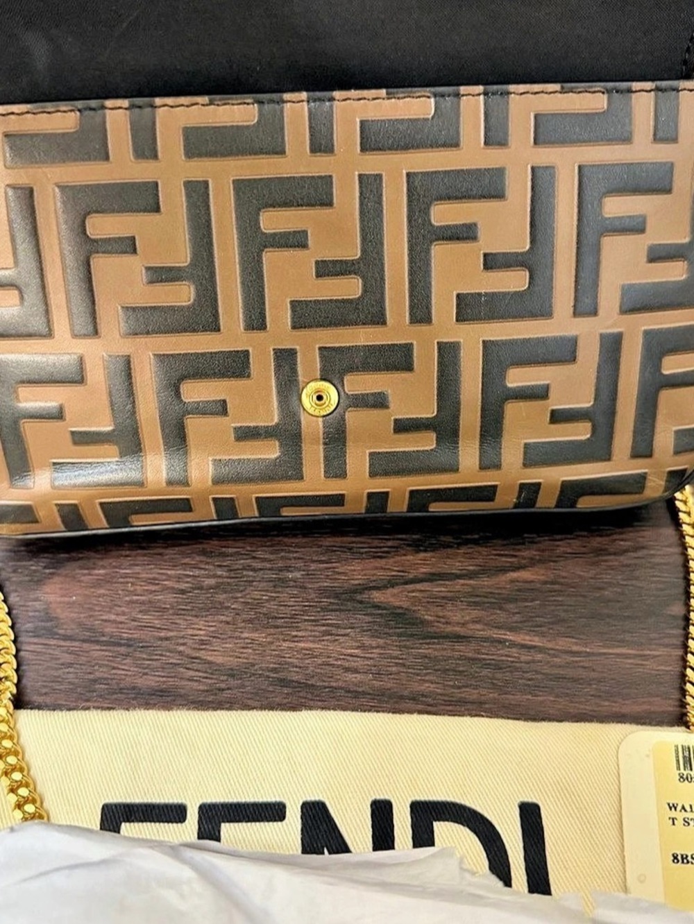 Fendi WOC FF Zucca Bicolor Leather Wallet on Chain Crossbody Bag Brown - Picture 7 of 15